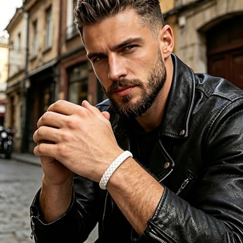 Leather Surfer Cuff Bracelet: Adjustable Braided Rope Woven Wrap Wristband for Men Women, Fit 7.6-10.6 inch Wrist - color: White