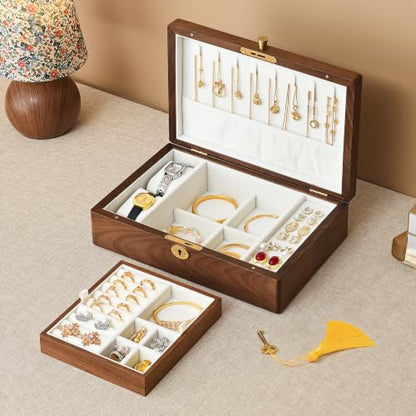 Black Walnut Wooden Lockable Jewelry Box, 2 Layer Large Wood Jewelry Organizer with Removable Tray for Necklace Ring Earrings Watch Bracelet, Handcrafted Velvet Lined Case Gifts for Mom Women Girls - color: 2 Layer Large Lockable