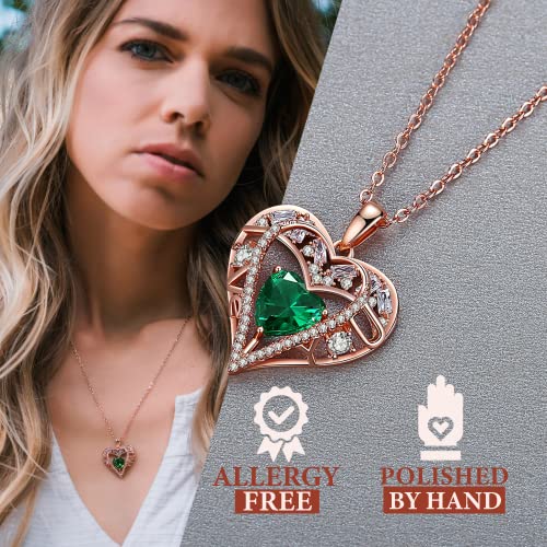 5 Heart I Love You Necklace for Women, Birthstone Crystal Pendant, Birthday Gift for Her, Wife, Mom, Rose Gold or Gunmetal Plated, 925 Sterling Silver Chain 18"+2" - color: 05-May-Emerald Green-Rose Gold Plated