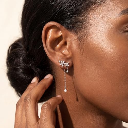 SLUYNZ 925 Sterling Silver Dainty CZ Flowers Wrap Earrings Dangle Chain for Women Elegant Dangling Earrings Bridal Earrings Wedding Engagement Drop Earrings Prom Engagement Party Jewelry - color: A-Silver