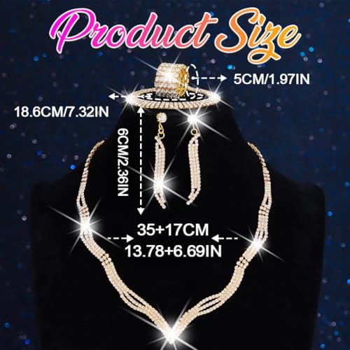 Rhinestone Bridal Wedding Jewelry Sets Black Necklace Earrings Bracelet Ring Set Prom Formal Costume Jewelry Set for Women and Brides - color: Gold