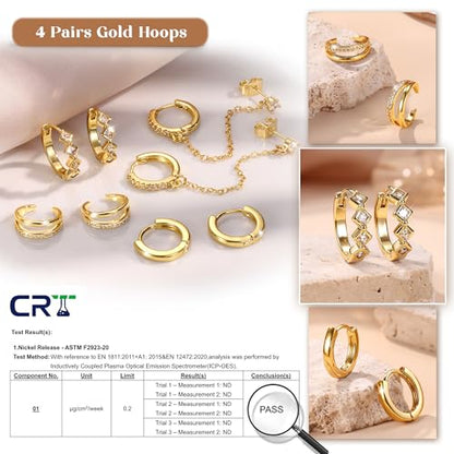 4 Pairs Small Hoop Earrings for Women 14K Gold Plated | Trendy Chain Drop Earrings Set, Hypoallergenic CZ Huggie Hoops, Lightweight Cartilage Earring Stacks - color: 14K Gold Plated-hoop&cuff