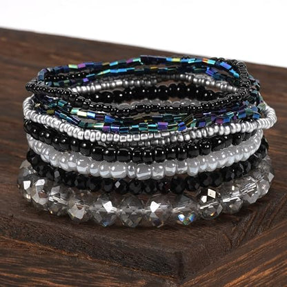 Bohemian Colorful Crystal Glass Beads Seed Beaded Bracelet Handmade Adjustable Stackable Elastic Strand Bangle for Women Summer Beach Hawaii Boho Wristbands Jewelry - color: black