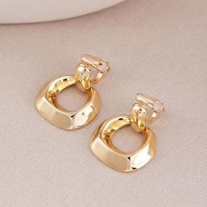 FAN&LOUIS Gold Plated Clip On Earrings for Women, 14K Gold Drop Dangle Hypoallergenic Lightweight Clip-On Earrings for Non-Pierced Ears - style: Gold