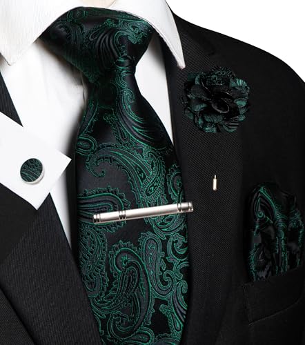 JEMYGINS Mens Paisley Tie and Pocket Square,Lapel Pin,Cufflinks,Tie Clip Sets with Gift Box 5PCS - color: Dark Green/Black