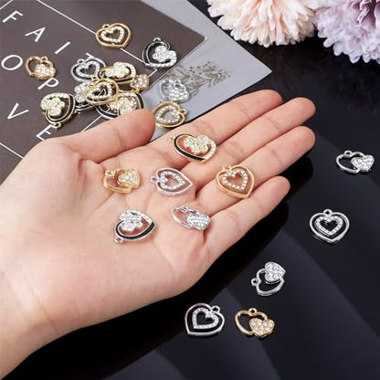 Elecrelive Crystal Heart Charms Rhinestone Heart Pendants Valentine Charms for Necklace Bracelet Earring Wedding Jewelry - color: Gold Silver, 24pcs