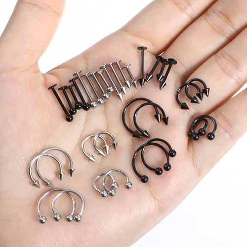 32Pcs Lip Rings for Women 16G Stainless Steel Horseshoe Labret Studs Monroe Lip Barbell Ring Snake Bite Piercing Jewelry Helix Earring Daith Tragus Cartilage Surgical Steel Jewelry - color: Black + Silver