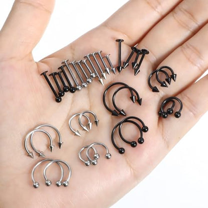 32Pcs Lip Rings for Women 16G Stainless Steel Horseshoe Labret Studs Monroe Lip Barbell Ring Snake Bite Piercing Jewelry Helix Earring Daith Tragus Cartilage Surgical Steel Jewelry - color: Black + Silver