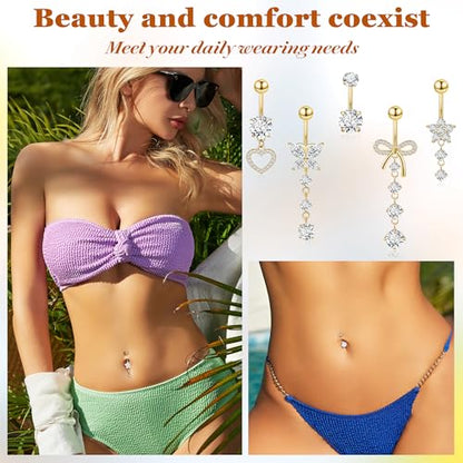 REVOLIA 5Pcs 14G 316L Stainless Steel Dangle Belly Button Rings Heart Flower Dangling Navel Ring Cute Bow Butterfly Belly Ring Sparkling CZ Belly Piercing Jewelry 10MM Gold