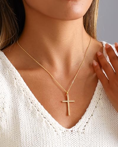 Cross Necklace for Women, 14K Gold Plated Cubic Zirconia Cross Pendant Necklace, Trendy Christian Jewelry Gifts for Baptism First Communion Christmas - color: Style H - Gold