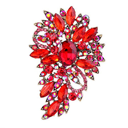 EVER FAITH Women's Austrian Crystal Wedding Flower Leaf Bouquet Brooch - color: Red