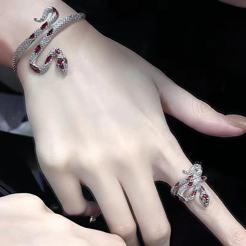Gold/Silver Snakes Jewelry for Women Goth Snake Bracelet Ring Set Open Adjustable Snake Ring Halloween Prom Jewelry Costume Accessories Emo Accessories - color: Silver2