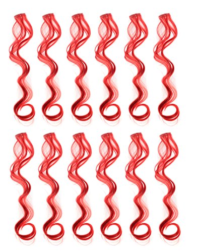 12 Pcs Curly Wavy One Color Party Highlights Clip on in Hair Extensions For Women Colored Hair Streak Synthetic Hairpieces (Red) - color: Red