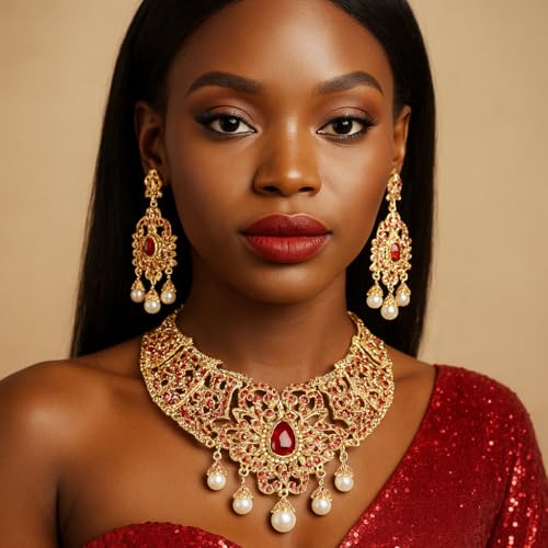 Touchstone Indian jewelry sets for women tikka wedding necklace costume guest statement bollywood rhinestones crystal faux pearls gold big royal neck piece set bridal fashion accessories - color: Red