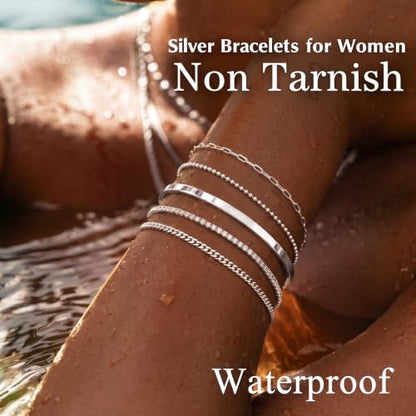 Dainty Gold Bracelet for Women Trendy Non Tarnish, Thin Bracelets Stackable Set with Bangle Cuff, Box, Herringbone, Paperclip, Figaro, Sparkling Link Chains Waterproof, Simple Jewelry Gifts for Women - color: Silver-tennis/cuban/bangle/paperclip/Beaded