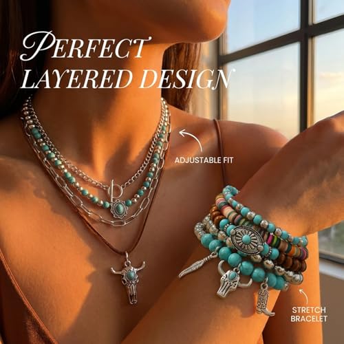 Western Jewelry Sets for Women Boho Jewelry, Layer Bohemian Necklace Earrings Bracelet, Cowgirl Accessory Rodeo Summer Beach - color: Blue,Brown