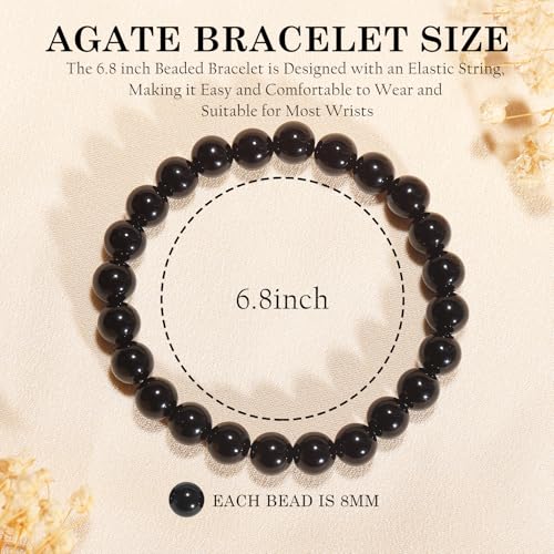 Agate Round Beaded Bracelet for Women Men Natural Agates Stone Healing Bracelets Stretch Elastic Handmade Polished Gemstone Beads Bracelet - color: Black, size: 8mm Beads