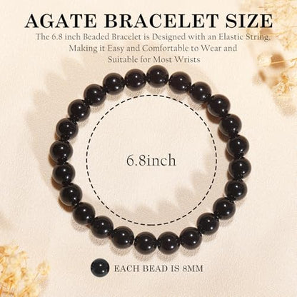 Agate Round Beaded Bracelet for Women Men Natural Agates Stone Healing Bracelets Stretch Elastic Handmade Polished Gemstone Beads Bracelet - color: Black, size: 8mm Beads