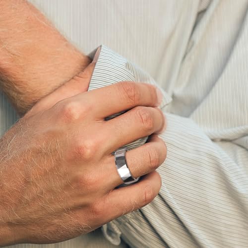 THREE KEYS JEWELRY Tungsten Wedding Band for Men Women Silver Hammered | 2mm, 8mm, Engagement Gift, Comfort Fit, Silver, Hammered - color: Silver 8mm B