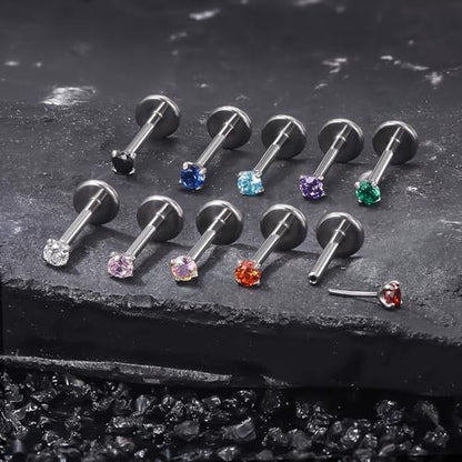Titanium Flat Back Lip Rings Threadless Push in Earrings Studs Nose Rings 20G 18G 16G Mix Colors CZ Tragus Cartilage Lobe Rook Helix Conch Labret Medusa Nostril Piercing Jewelry for Women Men - size: 20G 6mm - 2mm CZ