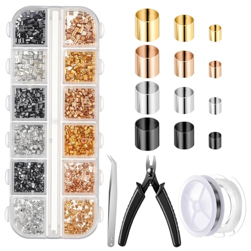 2200 Pieces Crimping Beads for Jewelry Making, Metal Crimp Tubes Tube Crimp Beads Jewelry Repair Kit with Crimping Pliers, Elastic Bracelet String and Bracelet Beading Wire for Necklaces Earring