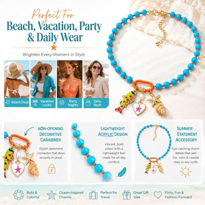 LIU JUN Colorful Beaded Necklace for Women, Chunky Boho Fish Starfish Conch Pendant Acrylic Bead Necklaces Cute Y2K Summer Beach Jewelry Gifts - color: Fish+White Heart