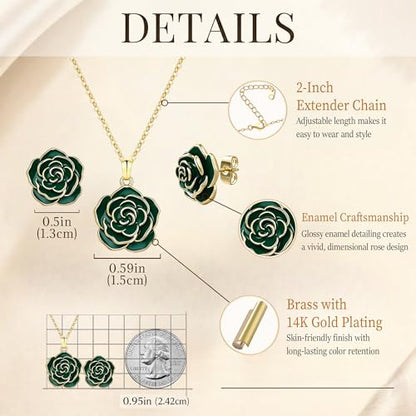 Enamel Rose Necklace and Earrings Jewelry Set for Women | 14K Gold Plated,Rose Represent: Love Gratitude Prid,Adjustable Chain Fit,Elegant Sets for Daily and Party Wear,Gift Box - color: Green