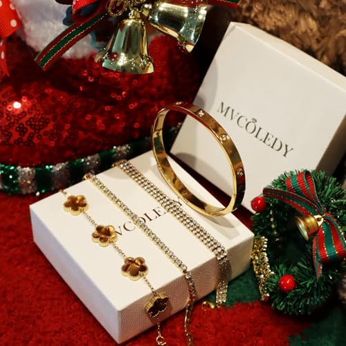 18 K Gold Plated Love Bangle Bracelet Stack for Women,Set of 4 Floral Clover Chain, Tennis Crystal &Gold Stackable Bangle Bracelet -Adjustable Layered Jewelry Gift for Wife Valentines Mother's Day-MVCOLEDY - color: Brown and White CZ