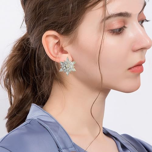 Crystal Flower Burst Stud Earrings Large Big Sparkly CZ Cubic Rhinestone Floral Cluster Flower Stud Earrings Bridal Wedding Party - color: Clear