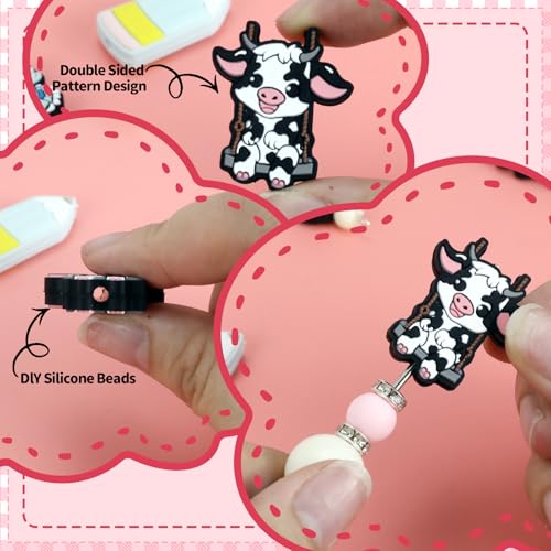 12pcs Cow Silicone Focal Beads for pens | Focal Beads for Keychain Making,Pens,Bracelet,Necklace Crafts,Bulk Silicone Beads for DIY（Cow） - color: Cow