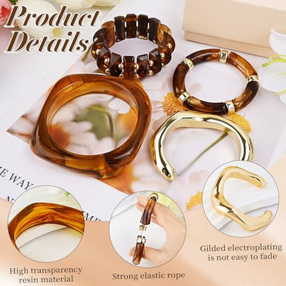 Acrylic Resin Bangle Bracelets for Women | Chunky Boho Stackable Geometric & Marbled Statement Jewelry | Lightweight Everyday Gift Set - color: brown