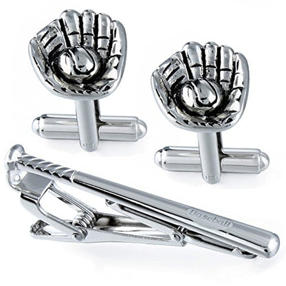 HAWSON Metal Cufflinks and Tie Clip Set for Men Novelty Cuff Links and Tie Bar Gifts for Wedding Level,Football, Musical Symbols Designs - color: Silver Baseball