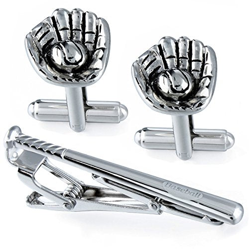 HAWSON Metal Cufflinks and Tie Clip Set for Men Novelty Cuff Links and Tie Bar Gifts for Wedding Level,Football, Musical Symbols Designs - color: Silver Baseball