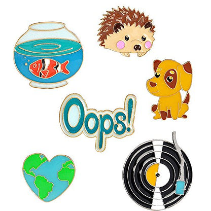 6 Pcs Cute Enamel Lapel Pins Sets Cartoon Animal Plant Fruits Foods Brooches Creative Pin Badges for Clothing Bags Backpacks Jackets Hat Accessory - color: Puppy Hedgehog Goldfish Bowl