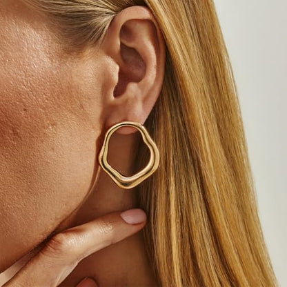 Cute Trendy 14K Gold Plated Round Irregular Geometric Stud Earrings for Women Simple Statement Silver Hollow Circle Drop Earring Jewelry Accessories