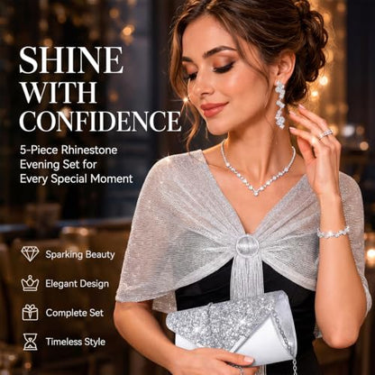 Tiamon 5 Pcs Rhinestone Jewelry Sets Shawls and Wraps Formal Clutch Purses for Women Evening Dresses Weddings Engagement - style: Delicate