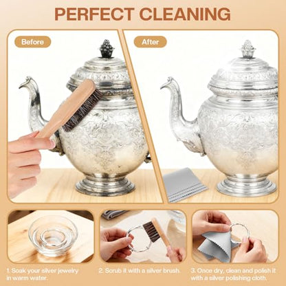 4 Pcs Horsehair Silver Cleaning Dauber Brushes Sterling Detail Polish Applicator Set with Polishing Cloth for Silverware Plateware Jewelry Cleaner(Style C) - style: Style C