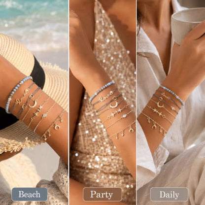 Aluinn Boho Layered Charm Bracelet Set Gold Moon Star Jewelry | Stackable bracelet set with moon and star charms, adjustable fit and style for beach trips, vacations and everyday outfits