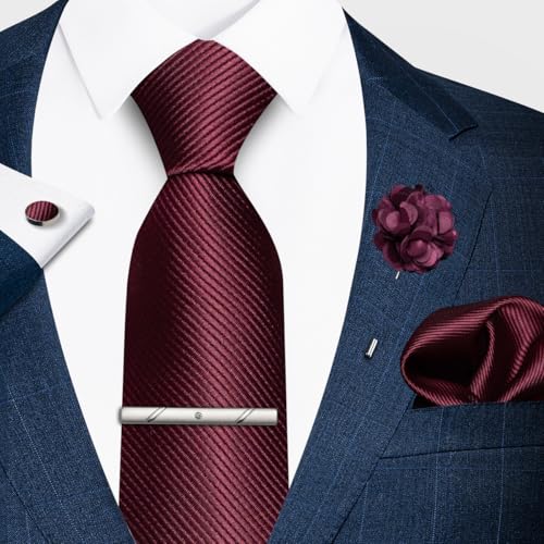 joy alice 30 Colors Solid Ties for Man Pure Color Men's Tie Set with Lapel Pin Pocket Square Tie Clip - color: Maroon