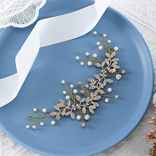 Unsutuo Bridal Crystal Headband Gold Rhinestone Hair Vine Pearls Wedding Accessories for Women and Girls(Gold) - color: Gold