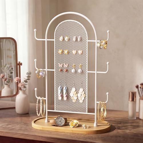 bussdis Jewelry Holder Organizer Earring Display - Earring Storage Tree Stands Towers With 6 Hooks 300 Studs Wood Tray White Metal Rack - color: White