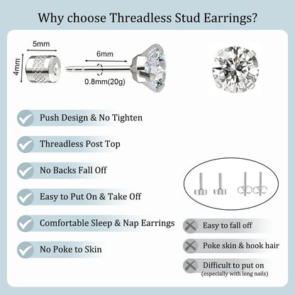 Titanium Earrings Push-in Threadless Flat Back Stud Earrings for Women Men, Cartilage Earring Hypoallergenic Cubic Zirconia Earrings Studs for Helix Tragus Piercing Jewelry - color: Silver-5mm