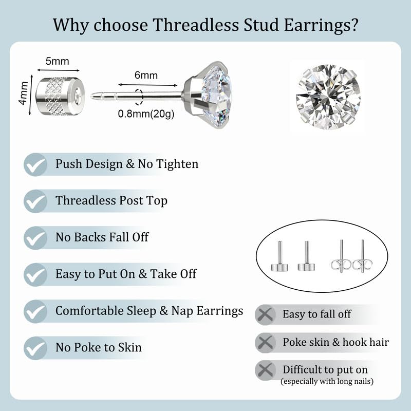 Titanium Earrings Push-in Threadless Flat Back Stud Earrings for Women Men, Cartilage Earring Hypoallergenic Cubic Zirconia Earrings Studs for Helix Tragus Piercing Jewelry - color: Silver-8mm