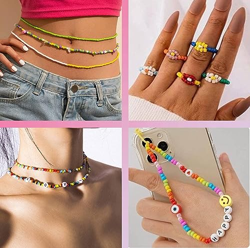 14400pcs Glass Seed Beads for Jewelry Making Kit, 120 Colors 4mm Small Beads Kit Bracelet Beads with Letter Evil Eye Beads Jump Rings & Charms Pendants for Bracelets Making, DIY, Adult Craft Supplies