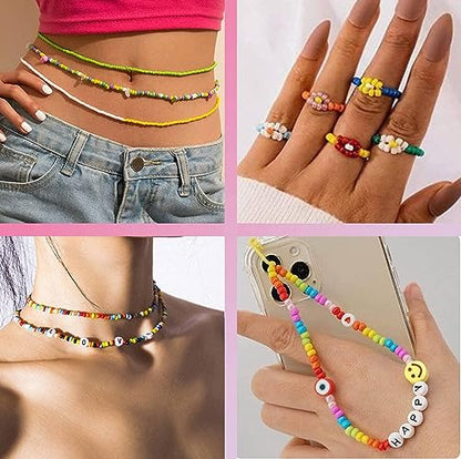14400pcs Glass Seed Beads for Jewelry Making Kit, 120 Colors 4mm Small Beads Kit Bracelet Beads with Letter Evil Eye Beads Jump Rings & Charms Pendants for Bracelets Making, DIY, Adult Craft Supplies