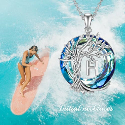TOUPOP Gifts for Women Tree of Life Initial Necklace 925 Sterling Silver Letter Pendant with Blue Crystal Birthday Jewelry Gifts for Women Her Mom Wife Daughter - color: Tree of Life H Initial