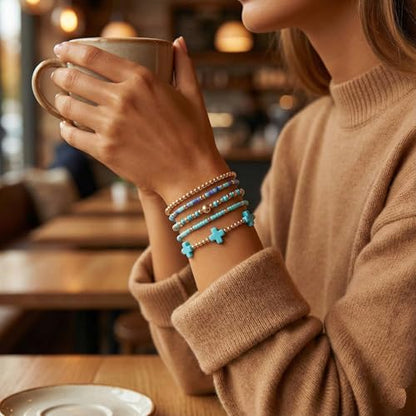 Gold Bracelets for Women, Beaded Cross Stack, Non Tarnish Set，Set-1 | Gold Beaded Bracelet Stack with Stretch Fit, Waterproof Finish and Dainty Design for Everyday Wear and Gifts - color: Colors-6
