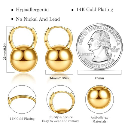 14k Gold Plated Ball Dangle Earrings for Women Sterling Silver Ball Drop Earrings Hypoallergenic Round Balls Hoop Earring Leverback Lightweight Earrings Fashion Jewelry - color: gold 2