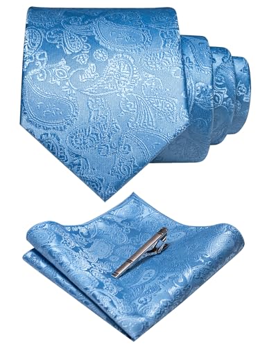 JEMYGINS Mens Solid Color Paisley Necktie and Pocket Square with Tie Clip Sets - color: Baby Blue