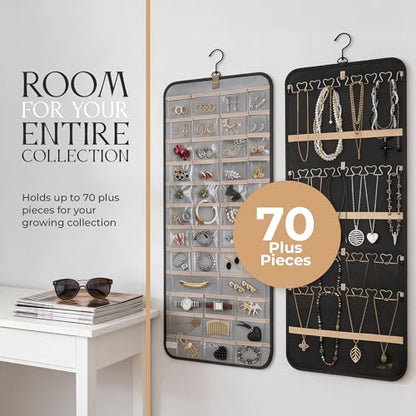 Hanging Jewelry Organizer Storage with Hanger Metal Hooks Double-Sided Jewelry Holder- Wall Mount Holder for Earrings, Necklaces, Rings on Closet, Wall, Door, 1 piece, Large, Black - style: Modern